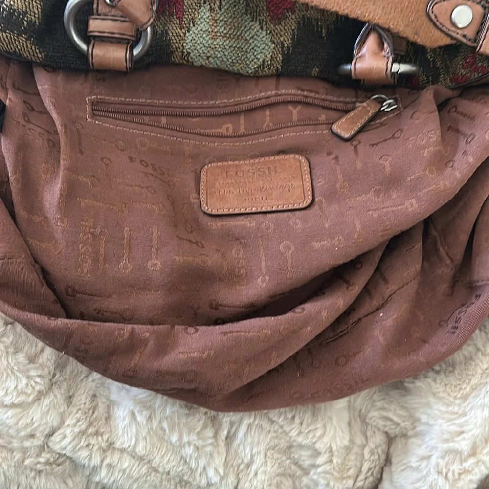Fossil Multicolor Tapestry Satchel with Brown Leather Trim